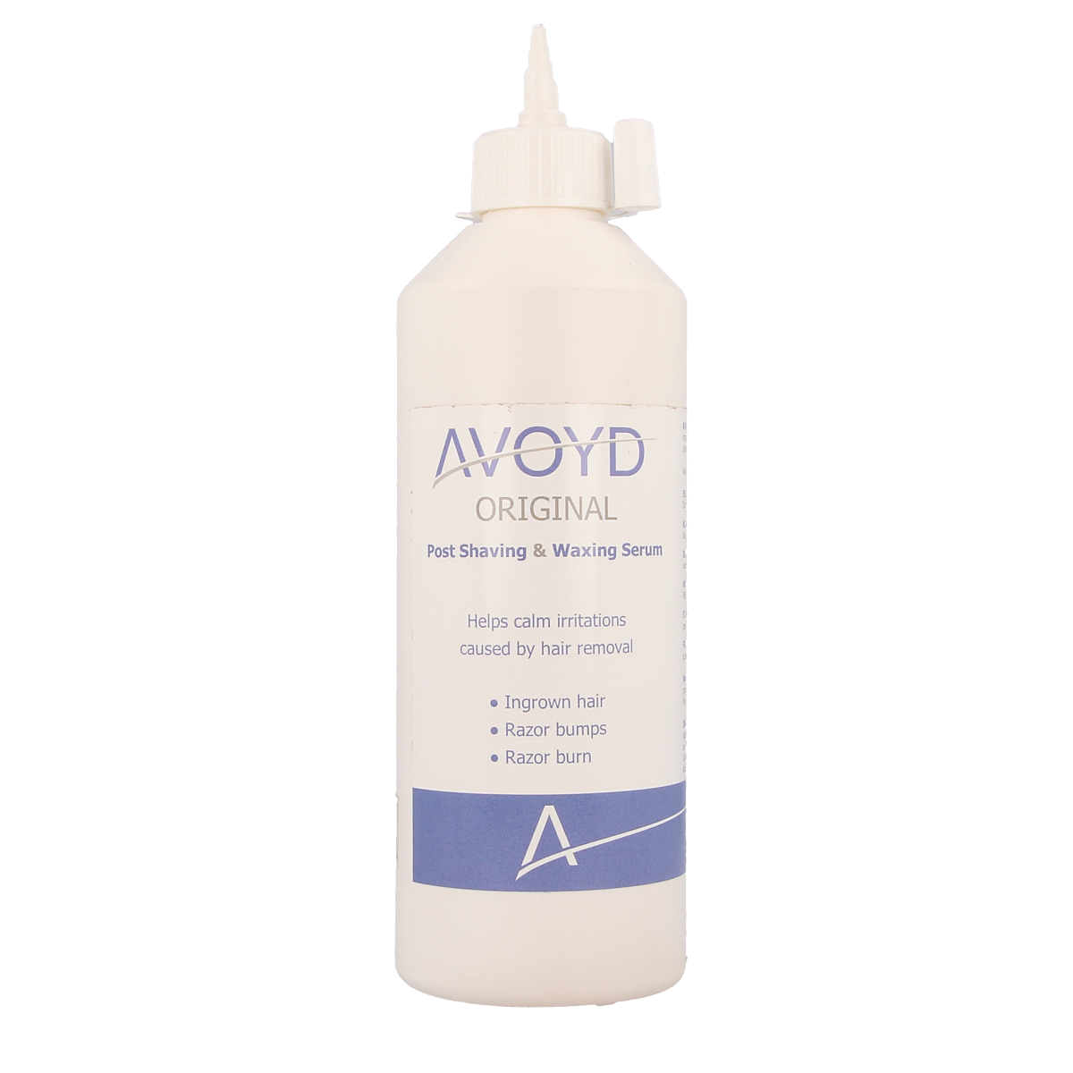 Avoyd Original serum bottle for hair removal, 450ml, with label and cap, designed for shaving and depilation.