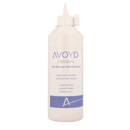Avoyd Original serum bottle for hair removal, 450ml, with a white cap and label, designed for shaving and depilation.
