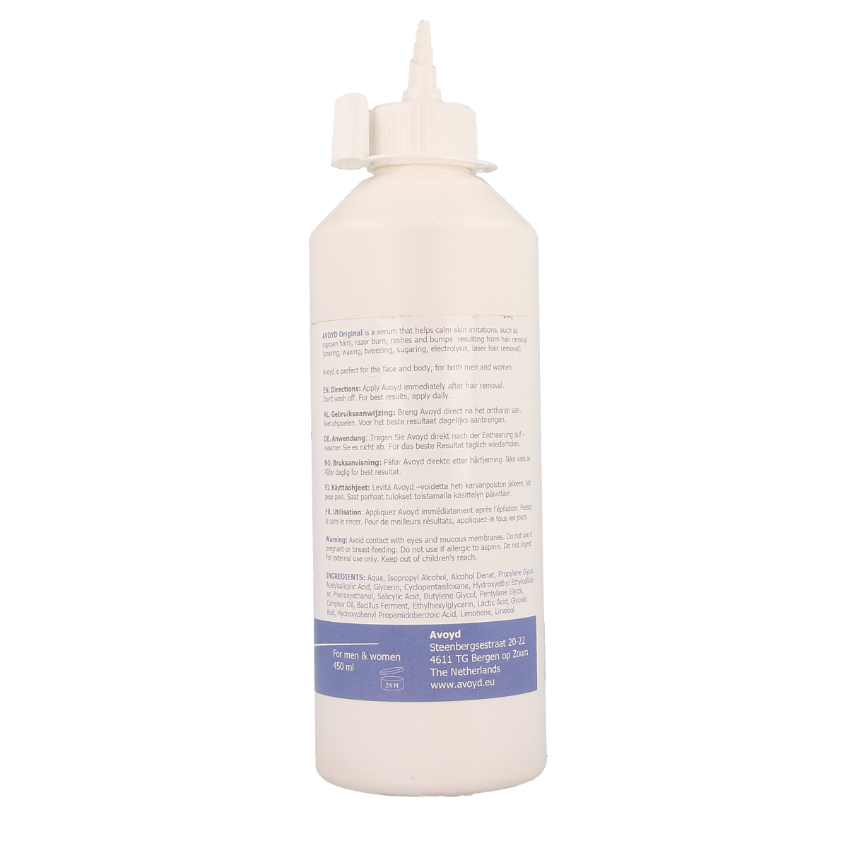 Avoyd Original serum 450ml for hair removal and shaving, in a clear bottle with a white pump dispenser.