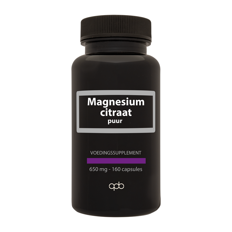 APB Holland Magnesium Citraat Pure 650mg vegetarian capsules, dietary mineral supplement, close-up of the supplement capsules.