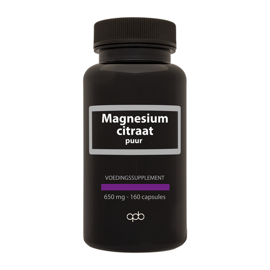 APB Holland Magnesium Citraat Pure 650mg vegetarian capsules, dietary mineral supplement, close-up of the supplement capsules.
