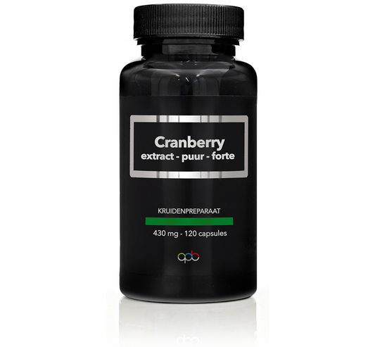 APB Holland Cranberry extract puur forte 430mg capsules, herbal supplement in a clear bottle, natural ingredients for urinary health