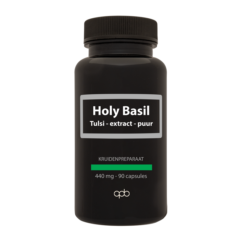 APB Holland Holy Basil Tulsi extract puur 440mg vegetarian capsules, herbal supplement with tulsi in a clear bottle.