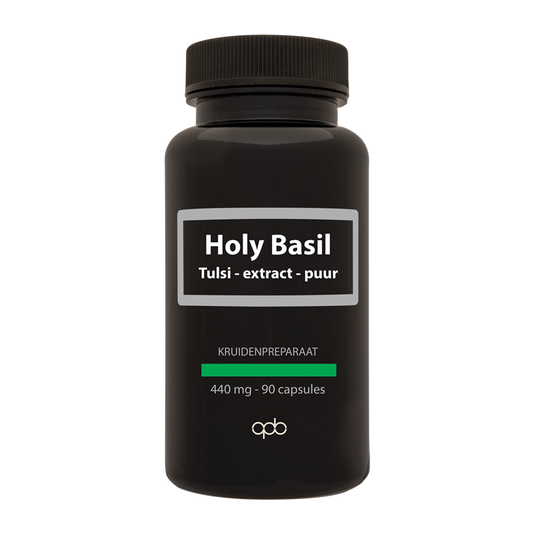 APB Holland Holy Basil Tulsi extract puur 440mg vegetarian capsules, herbal supplement with tulsi in a clear bottle.