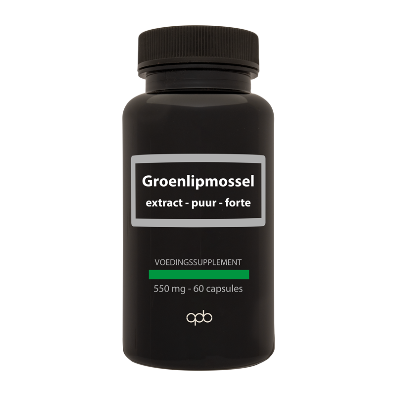 APB Holland Groenlipmossel extract puur forte 550mg vegetarian capsules, close-up of the supplement bottle and capsules.
