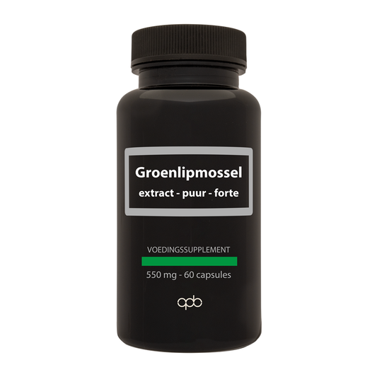 APB Holland Groenlipmossel extract puur forte 550mg vegetarian capsules, close-up of the supplement bottle and capsules.