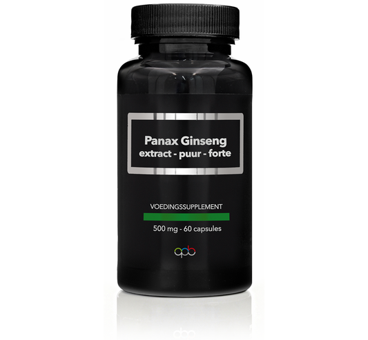 APB Holland Panax Ginseng extract puur forte 500mg vegetarian capsules, herbal supplement with 60 capsules in a bottle