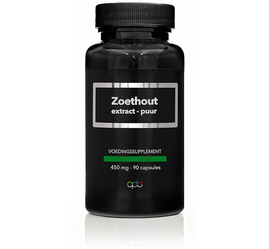Pure APB Holland Zoethout extract capsules, 450mg, herbal supplement in a white bottle with 90 capsules.