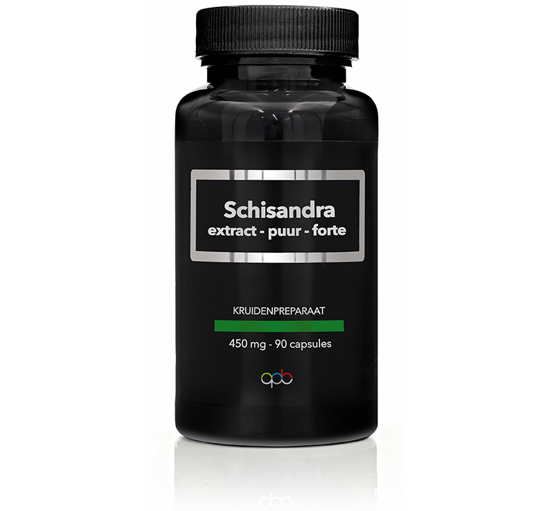 APB Holland Schisandra extract puur forte 450mg herbal capsules, 90-count container, natural herbal supplement with bright capsule image.