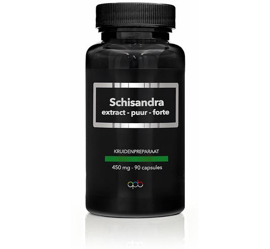 APB Holland Schisandra extract puur forte 450mg herbal capsules, 90-count container, natural herbal supplement with bright capsule image.