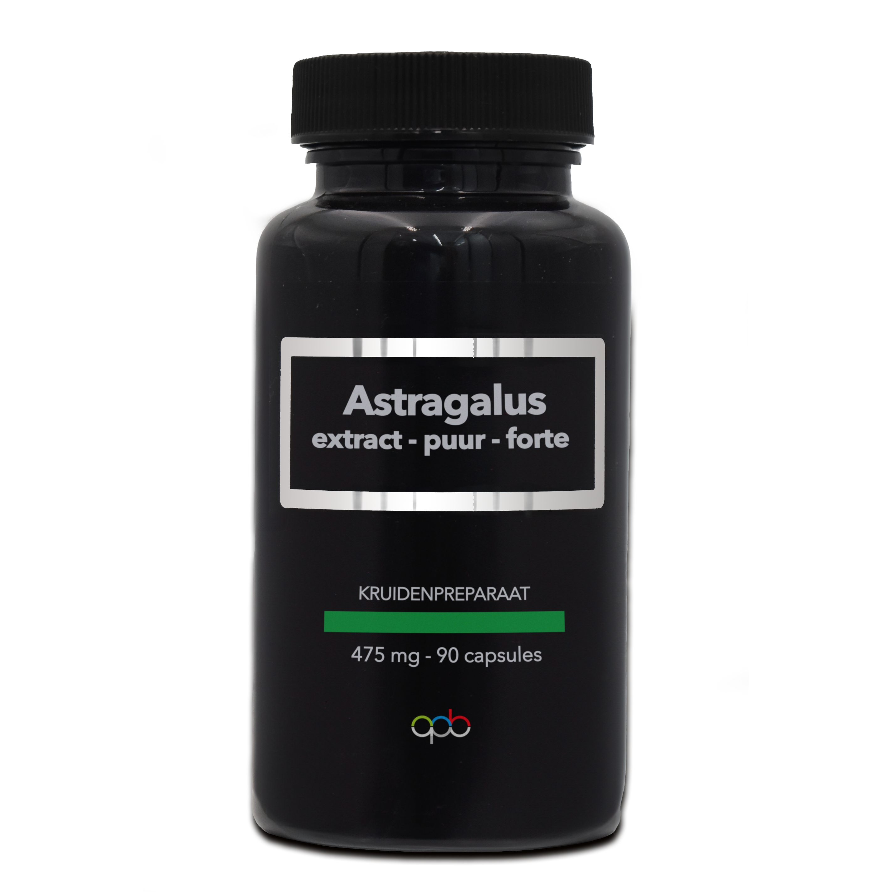 APB Holland Astragalus extract puur forte 475mg vegetarian capsules, herbal supplement in clear bottle with label and capsules inside.