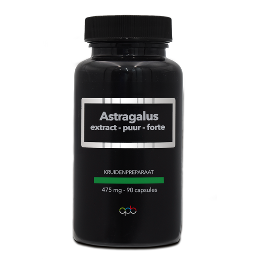 APB Holland Astragalus extract puur forte 475mg vegetarian capsules, herbal supplement in clear bottle with label and capsules inside.
