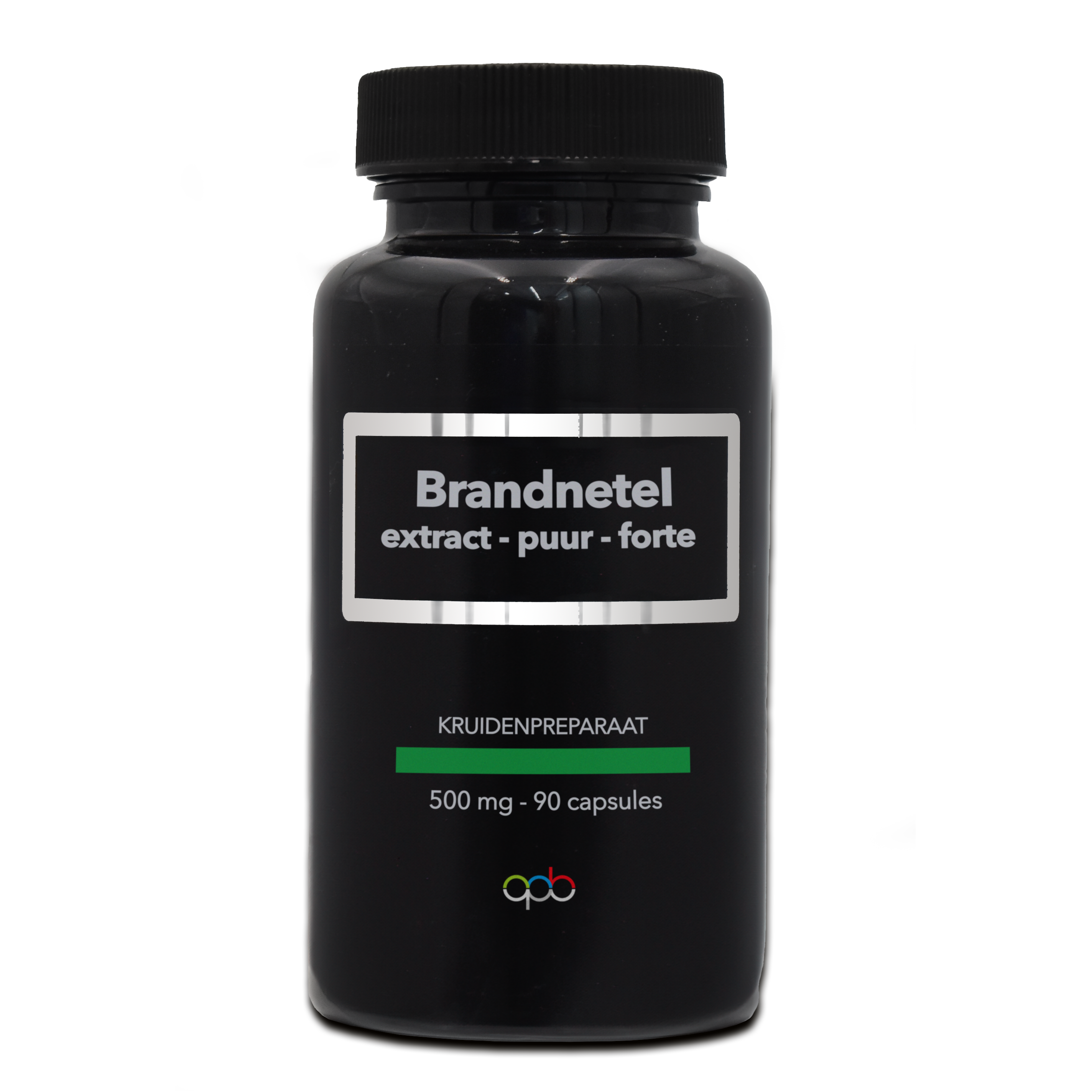 APB Holland Brandnetel extract puur forte herbal capsules, 500mg, vegetarian supplement, displayed in a bottle.