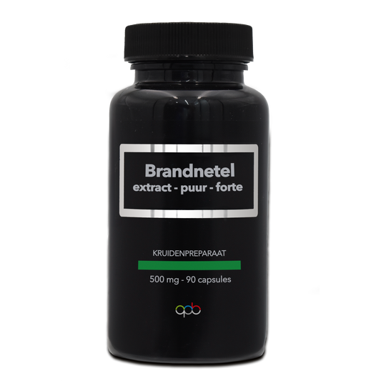 APB Holland Brandnetel extract puur forte herbal capsules, 500mg, vegetarian supplement, displayed in a bottle.