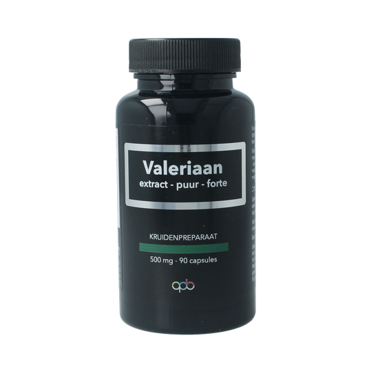 APB Holland Valeriaan extract puur forte capsules, 500mg, natural herbal supplement for relaxation, shown in a bottle with capsules