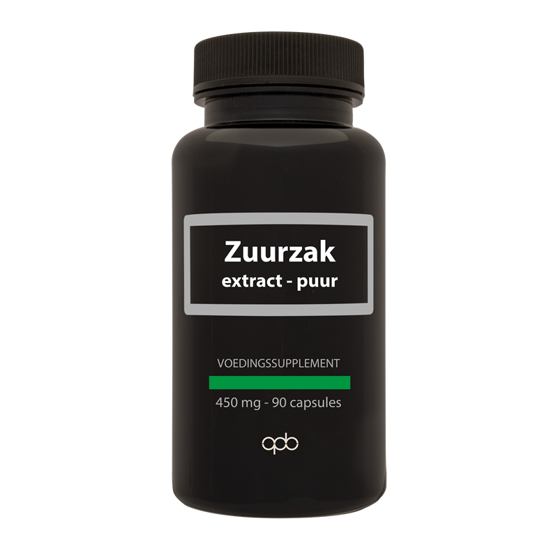 APB Holland Zuurzak extract capsules, 450mg, herbal supplement in a white bottle with capsules visible inside.