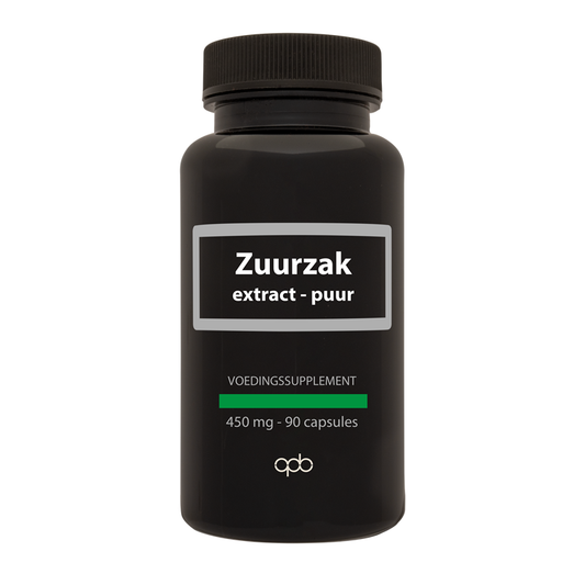 APB Holland Zuurzak extract capsules, 450mg, herbal supplement in a white bottle with capsules visible inside.