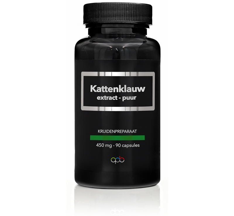 APB Holland Kattenklauw extract puur 450mg capsules, herbal supplement in a bottle with 90 capsules.