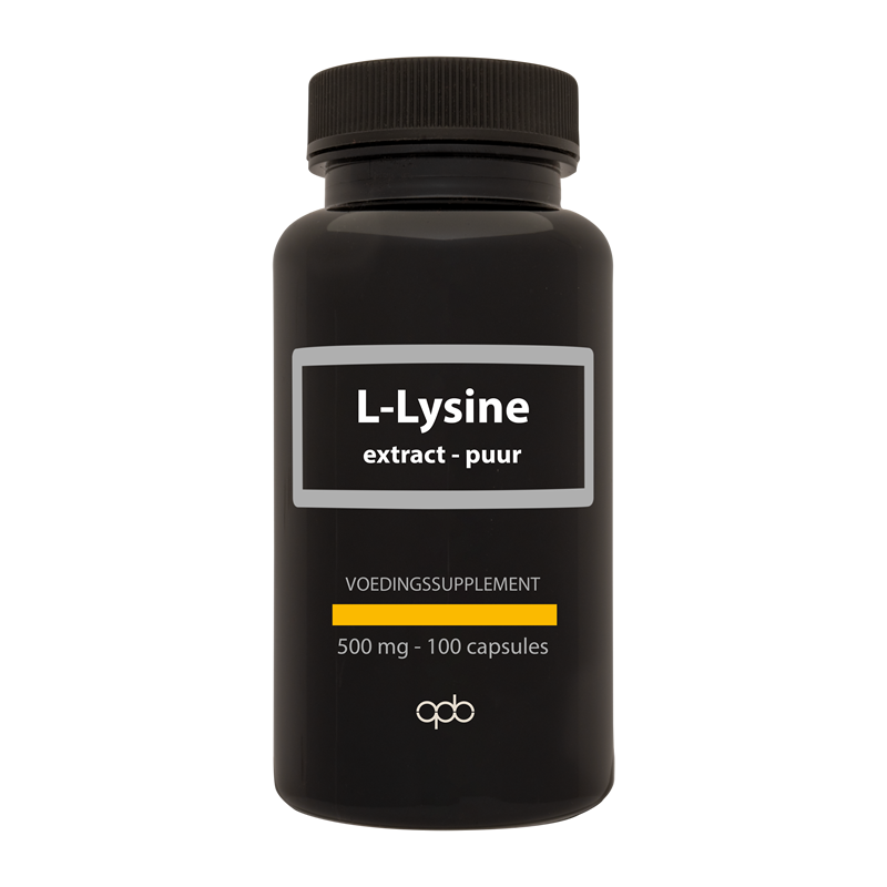 APB Holland L-Lysine puur 500mg amino acid capsules, close-up of 100 capsules in a clear container.