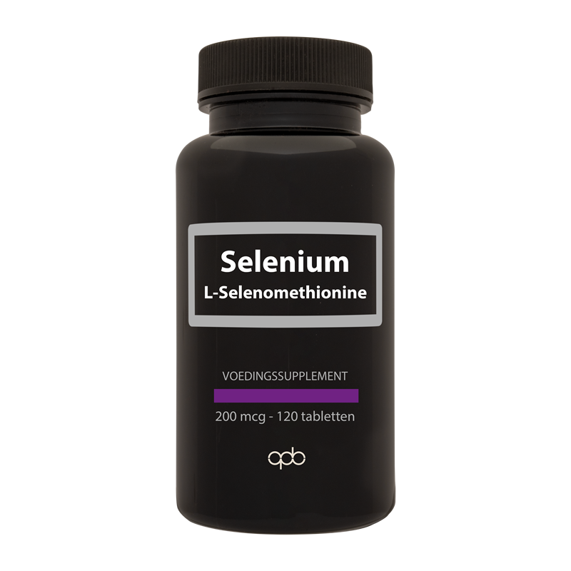 APB Holland Selenium L-Selenomethionine supplement tablets, 200mcg, in a bottle with white tablets visible inside.