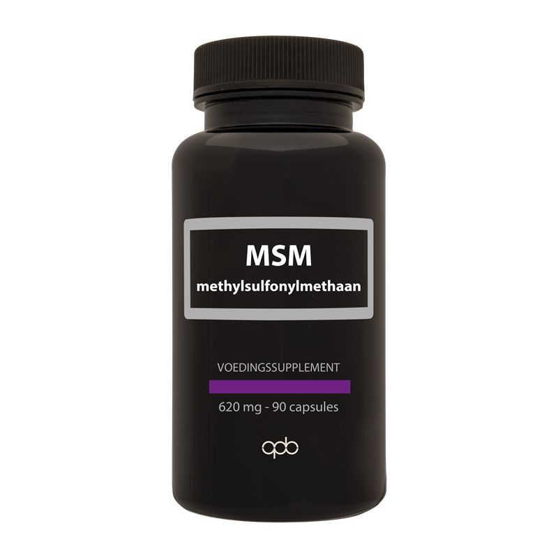 APB Holland MSM methylsulfonylmethaan 620mg supplement capsules in a bottle, showing the product label and capsules inside.