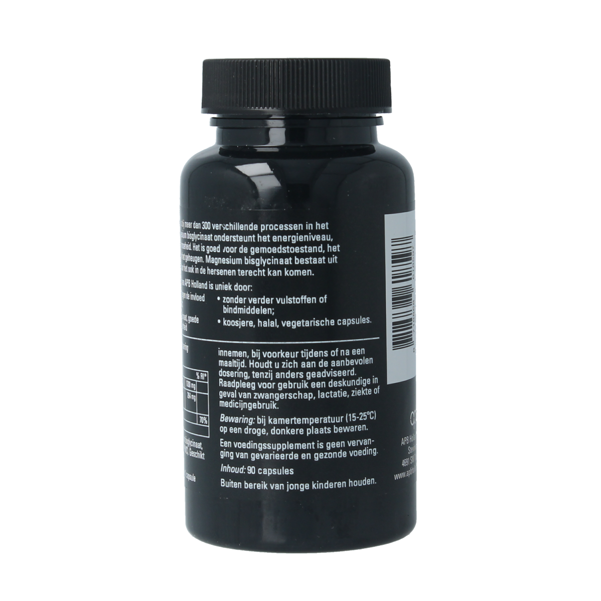 APB Holland Magnesium Bisglycinaat capsules, 600mg, 90-count, dietary mineral supplement in a white bottle with label