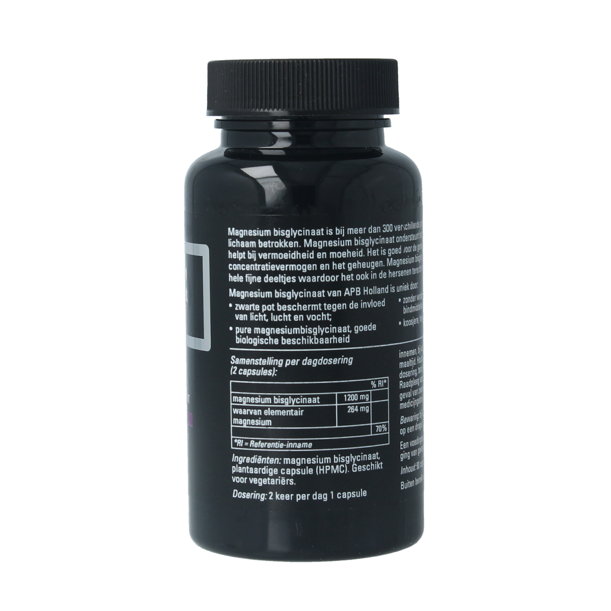 APB Holland Magnesium bisglycinaat capsules in a bottle, 90 capsules of pure magnesium supplement.