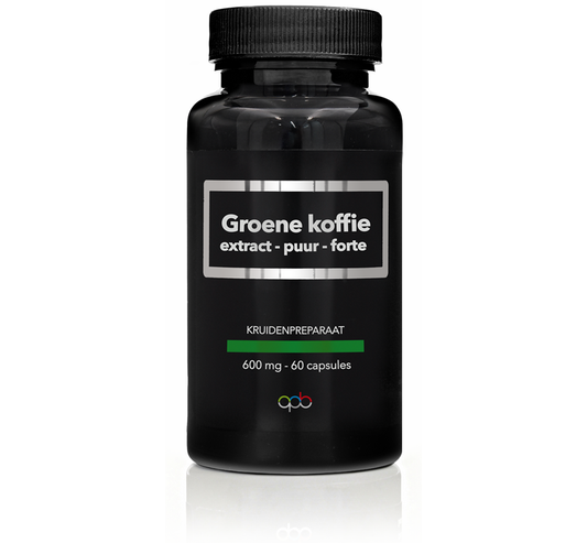 APB Holland Groene Koffie Extract Puur Forte capsules, herbal supplement with 600mg per capsule, 60 capsules in a bottle.