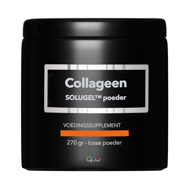 APB Holland Collageen Solugel poeder in 270g container, close-up of the white collagen powder in a jar.