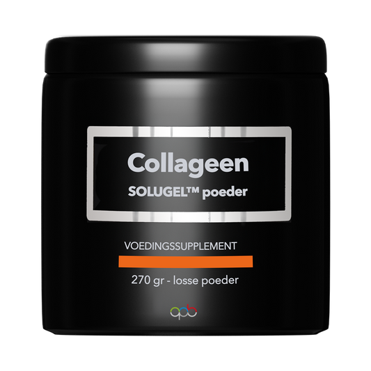 APB Holland Collageen Solugel poeder in 270g container, close-up of the white collagen powder in a jar.