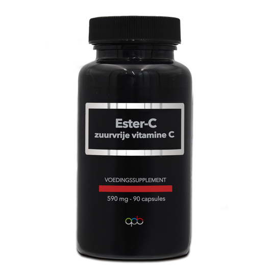 APB Holland Zuurvrije vitamine C capsules, 590mg, in a bottle of 90 pure vitamin C dietary supplement capsules.