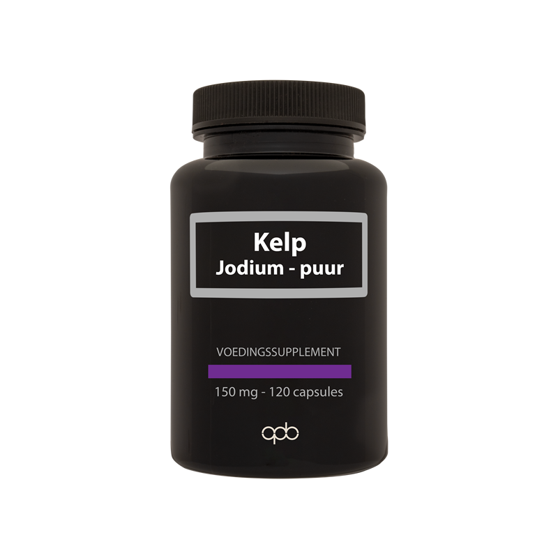 APB Holland Kelp Jodium Puur 150mg capsules, mineral supplement, close-up of the bottle and capsules.