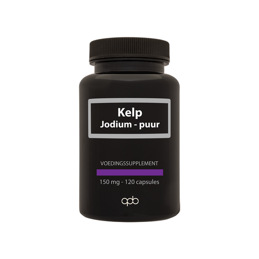 APB Holland Kelp Jodium Puur 150mg capsules, mineral supplement, close-up of the bottle and capsules.