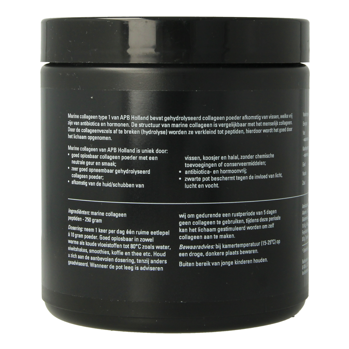 APB Holland Marine Collageen Pur 250g container with amino acids supplement, featuring product label and packaging.