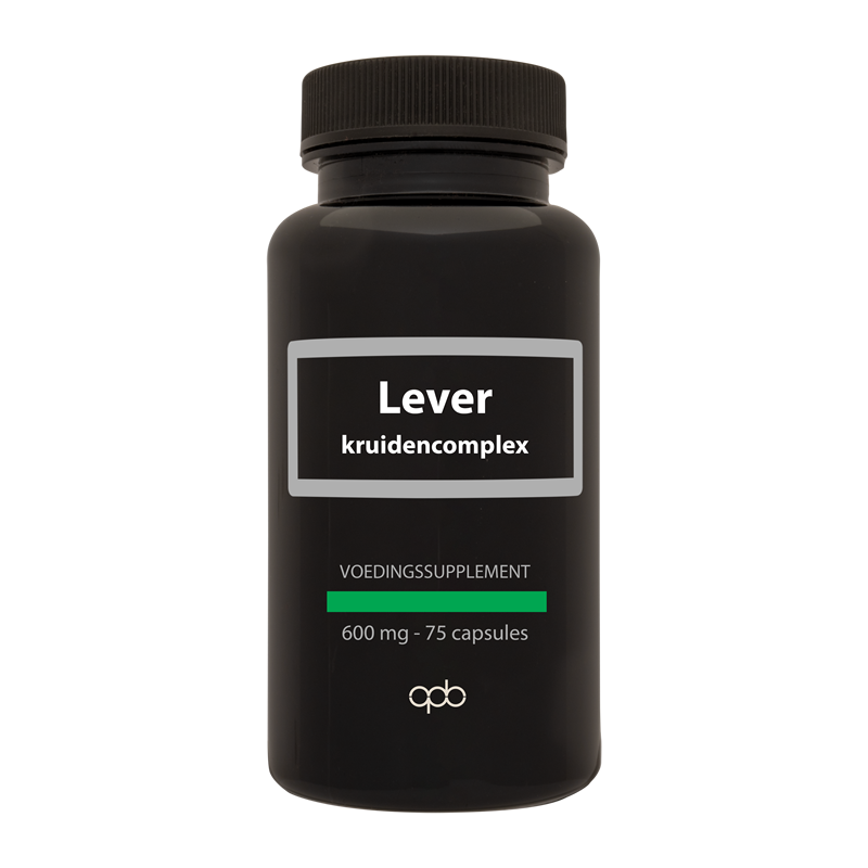 APB Holland Levercomplex puur 600mg herbal supplement capsules in a bottle, designed for liver support and wellness.