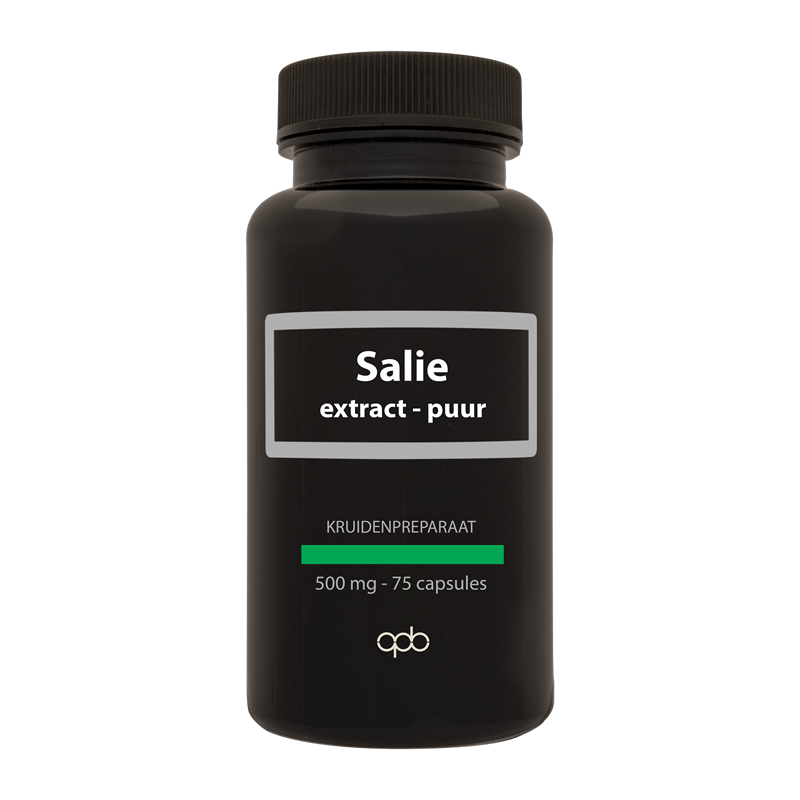 APB Holland Salie extract capsules, 500mg herbal supplement, 75 capsules in a bottle, natural herbal preparation.