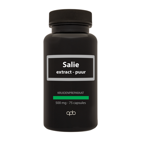 APB Holland Salie extract capsules, 500mg herbal supplement, 75 capsules in a bottle, natural herbal preparation.