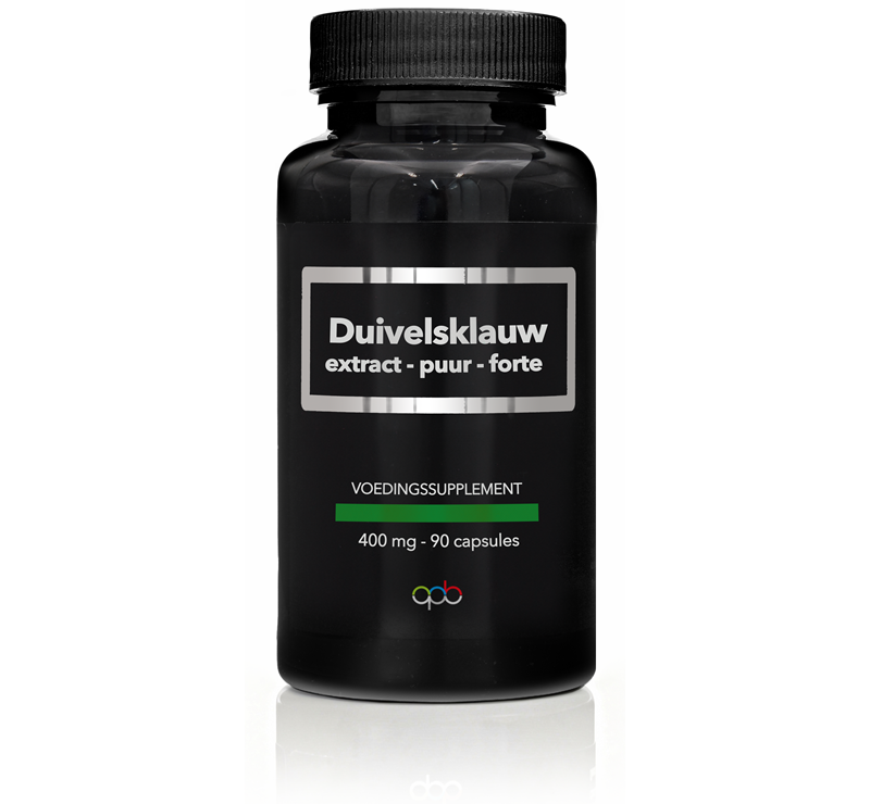 APB Holland Duivelsklauw extract puur forte 400mg capsules, herbal supplement in a blister pack, featuring a green and white label.