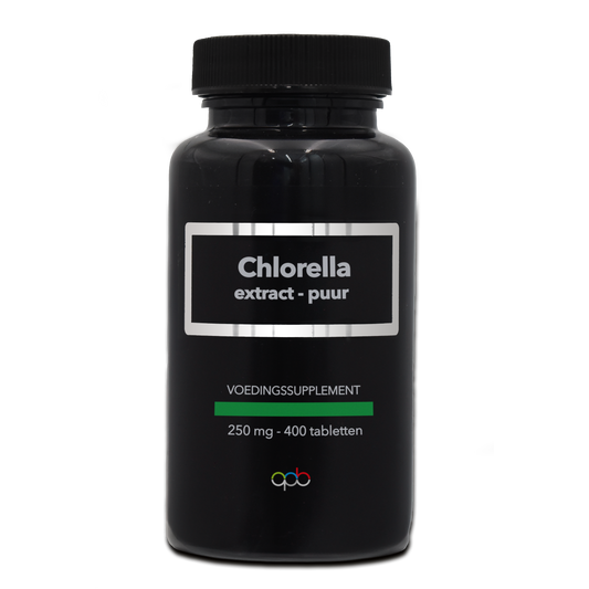 APB Holland Chlorella puur 250mg herbal supplement tablets, green algae supplement in blister pack.