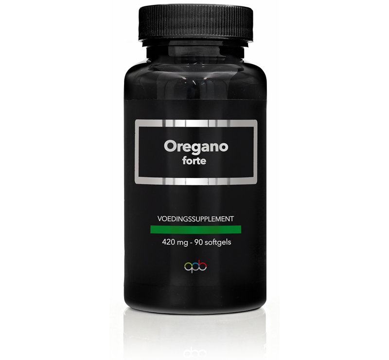 APB Holland Oregano Forte 420mg herbal softgels in a bottle, showing the supplement capsules and packaging.