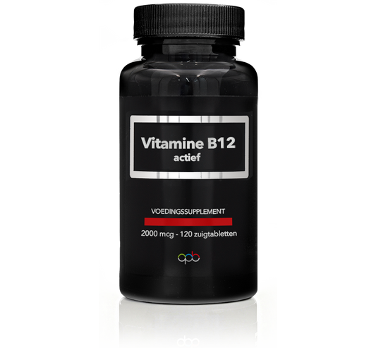 APB Holland Vitamin B12 active 2000mcg lozenges, 120 tablets, close-up of the vitamin supplement packaging.