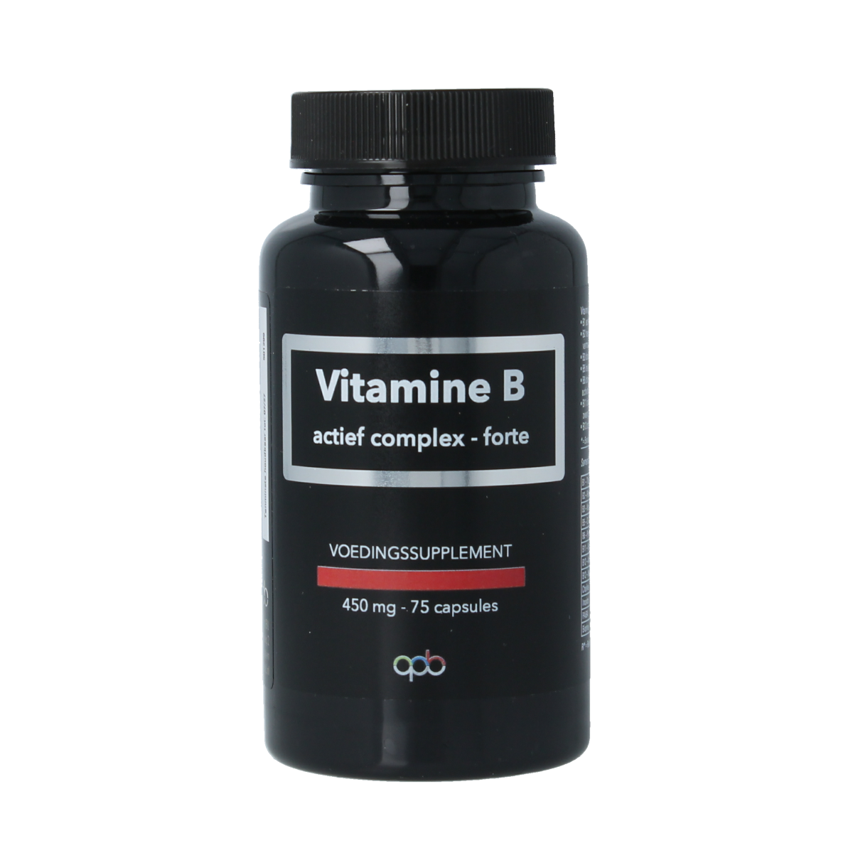 APB Holland Vitamine B complex actief forte 450mg capsules, close-up of the supplement bottle with capsules visible inside