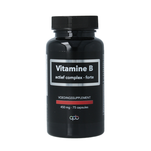 APB Holland Vitamine B complex actief forte 450mg capsules, close-up of the supplement bottle with capsules visible inside