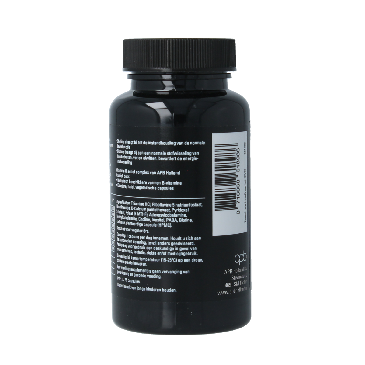 APB Holland Vitamine B complex actief forte 450mg capsules, showing the supplement bottle and capsules on a white background.