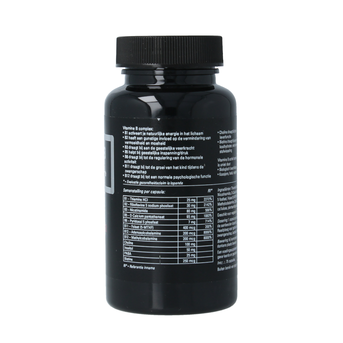 APB Holland Vitamine B complex actief forte 450mg capsules, showing a bottle of dietary supplement capsules on a white background.