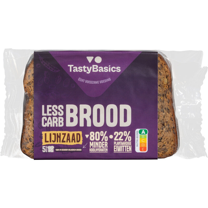 TastyBasics Less Carb Brood Lijnzaad, 250g, gluten-free bread with flaxseed, ideal for low-carb diets, in a clear package.