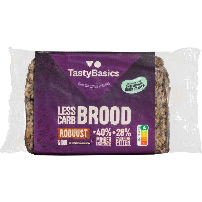 TastyBasics Less Carb Brood Robuust, 300g, whole grain bread with crusty texture, ideal for healthy sandwiches and snacking.