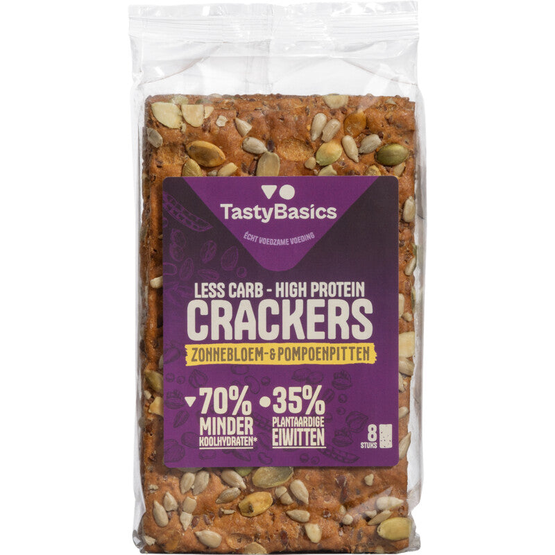 TastyBasics high-protein, low-carb crackers with sunflower and pumpkin seeds, 200g, in a clear package on a wooden surface.