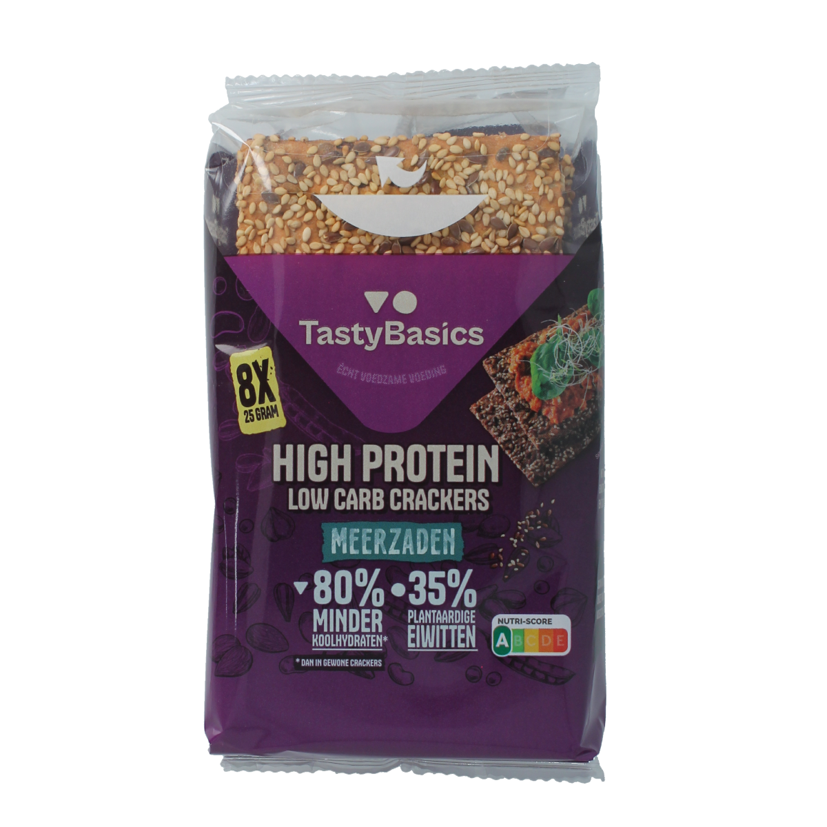 TastyBasics high-protein, low-carb crackers with mixed seeds in a 200g package, crispy snack bread from TastyBasics.