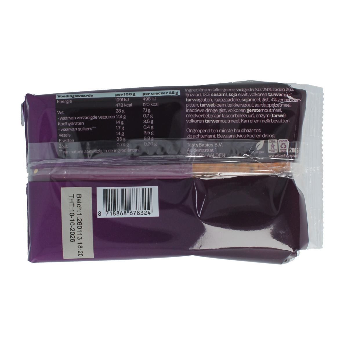 TastyBasics high-protein, low-carb crackers with mixed seeds in a 200g package, crispy and nutritious snack option.